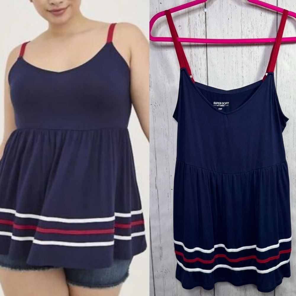 Torrid Super Soft Babydoll Tank Top Red White Blue Stripe Hem Size 2 Boho Casual